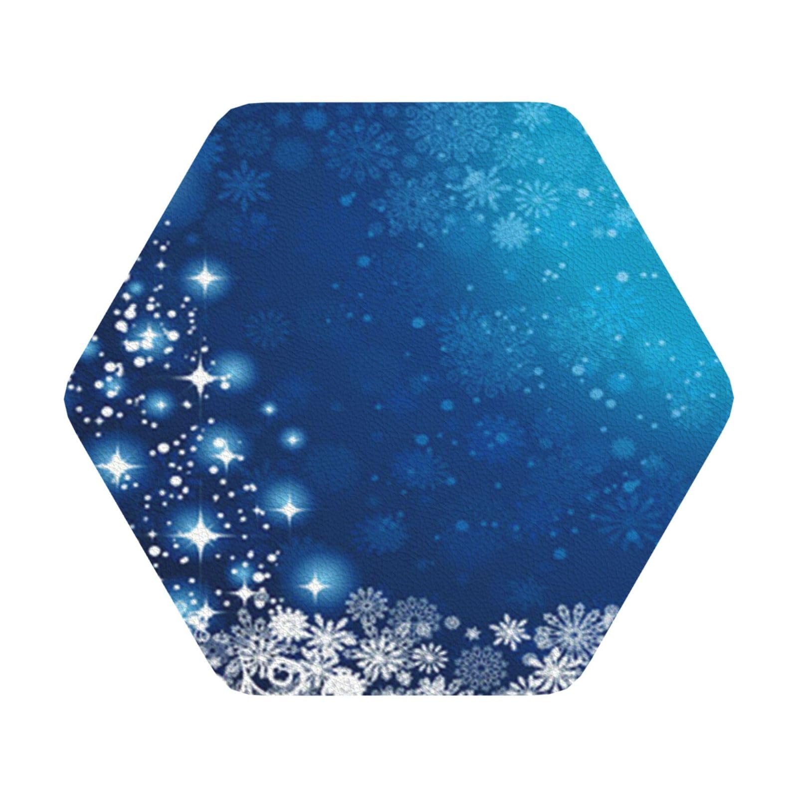 Blue christmas snowflake PU Leather Coasters Set of 6 Hexagon Drink Coasters