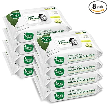 Mother Sparsh Natural Care Baby Wipes 60 Pcs (Pack of 8) I 100% Plant Made Fabric From Forest Land | Fresh+Cleanse (with Cucumber) Plant Powered Wet Wipes For Baby I Cotton Cloth Like Bigger Sheets