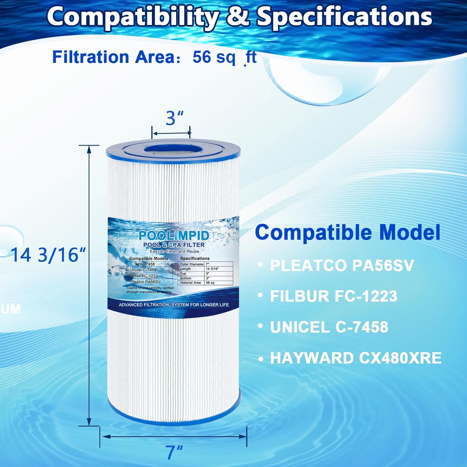 PA56SV Pool Filter Compatible with Pleatco PA56SV-PAK4, Hayward CX480XRE, Unicel C-7458, Hayward SwimClear C2020, C2025, Ultral-A4, Filbur FC-1223, 4X56 sq. ft. Filter Cartridge,4 Pack