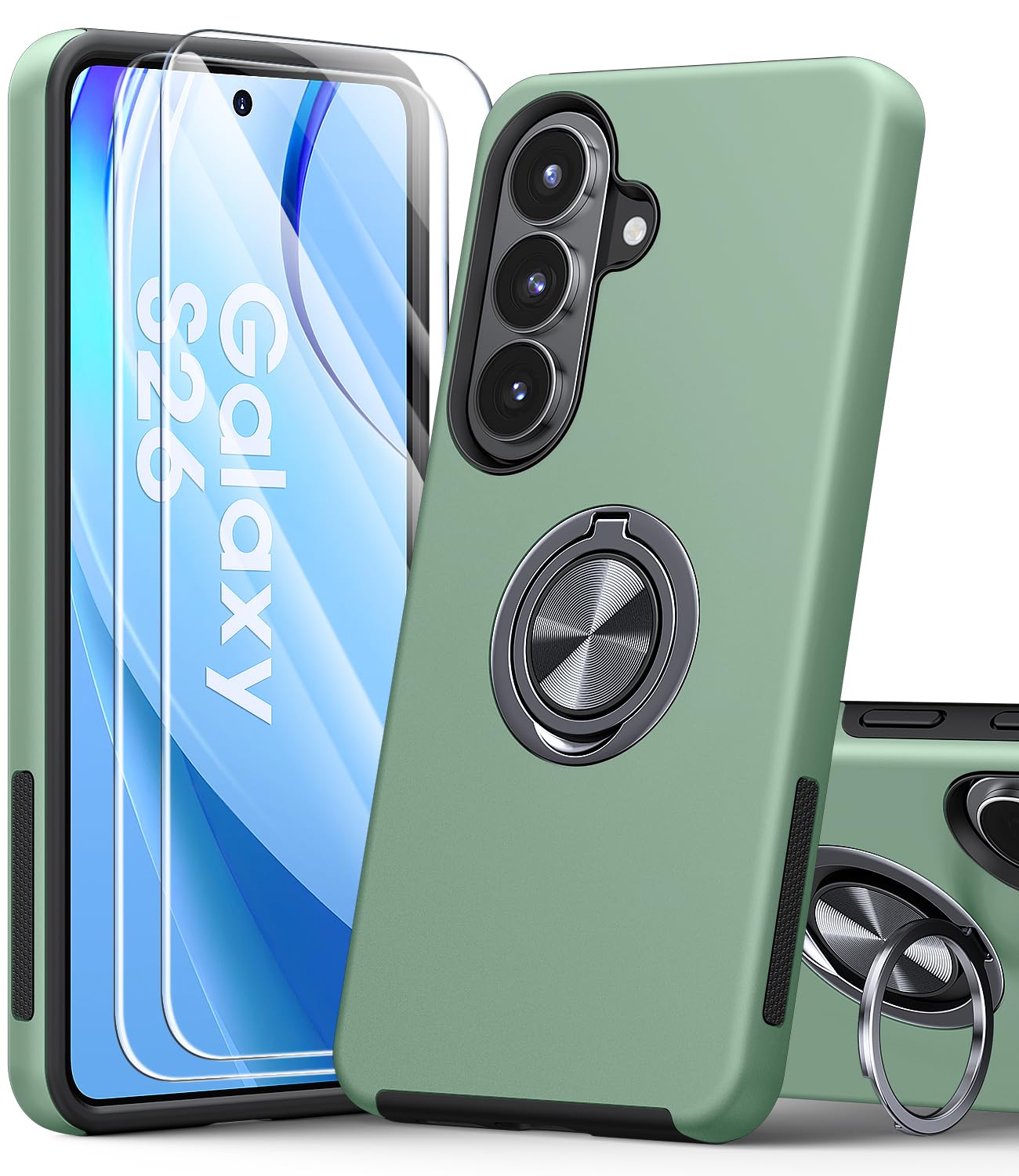 AOUIA für Samsung Galaxy S26 Hülle mit 2 Stück Panzerglas, 3-in-1 Set Schutzhülle, 360°Drehbarer Ring Kickstand, Militärstandard Stoßfest Handyhülle für Samsung S26, Grün
