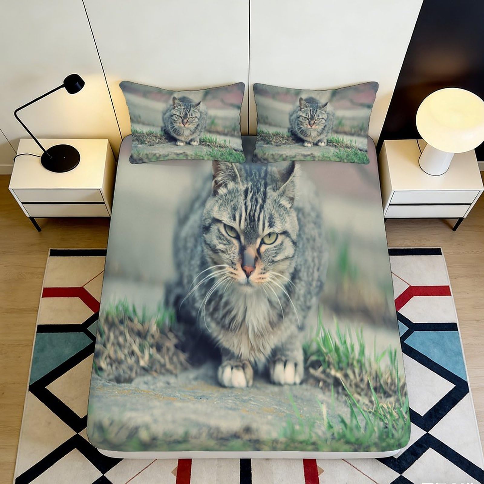 3D Printed Cat Pattern Fitted Sheet Microfiber Soft Durable Tabby Design Bed Cover for Bedroom Dormitory Guest Room Mattress Protection 140x200x25cm
