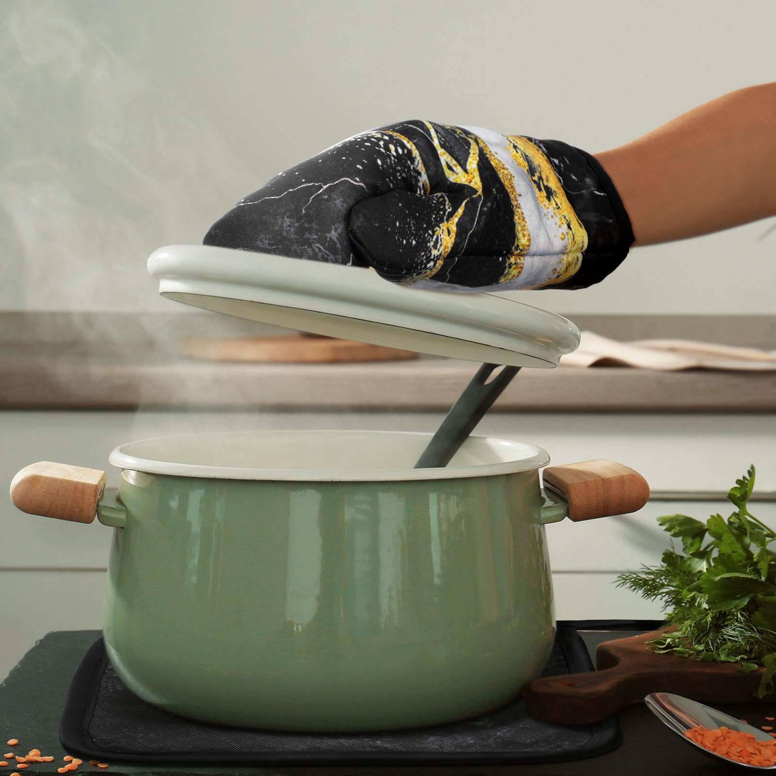 Juego de 8 paños de cocina de mármol negro para decoración de cocina y guantes de horno, soportes para ollas y paños de cocina, accesorios de cocina de granja, juego decorativo para chef 4