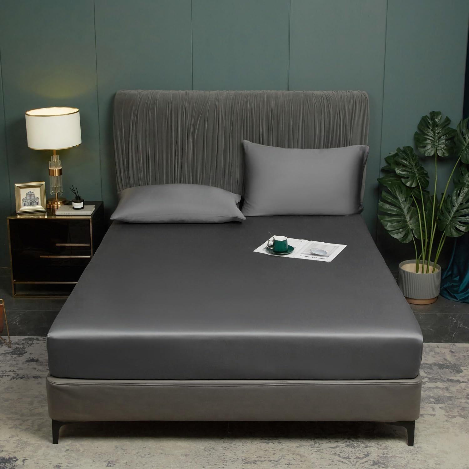Sábana bajera ajustable de bambú 160x200 cm, color gris oscuro, 100% bambú, sábana bajera fresca y transpirable, 160 x 200 para colchones altos hasta 25-30 cm