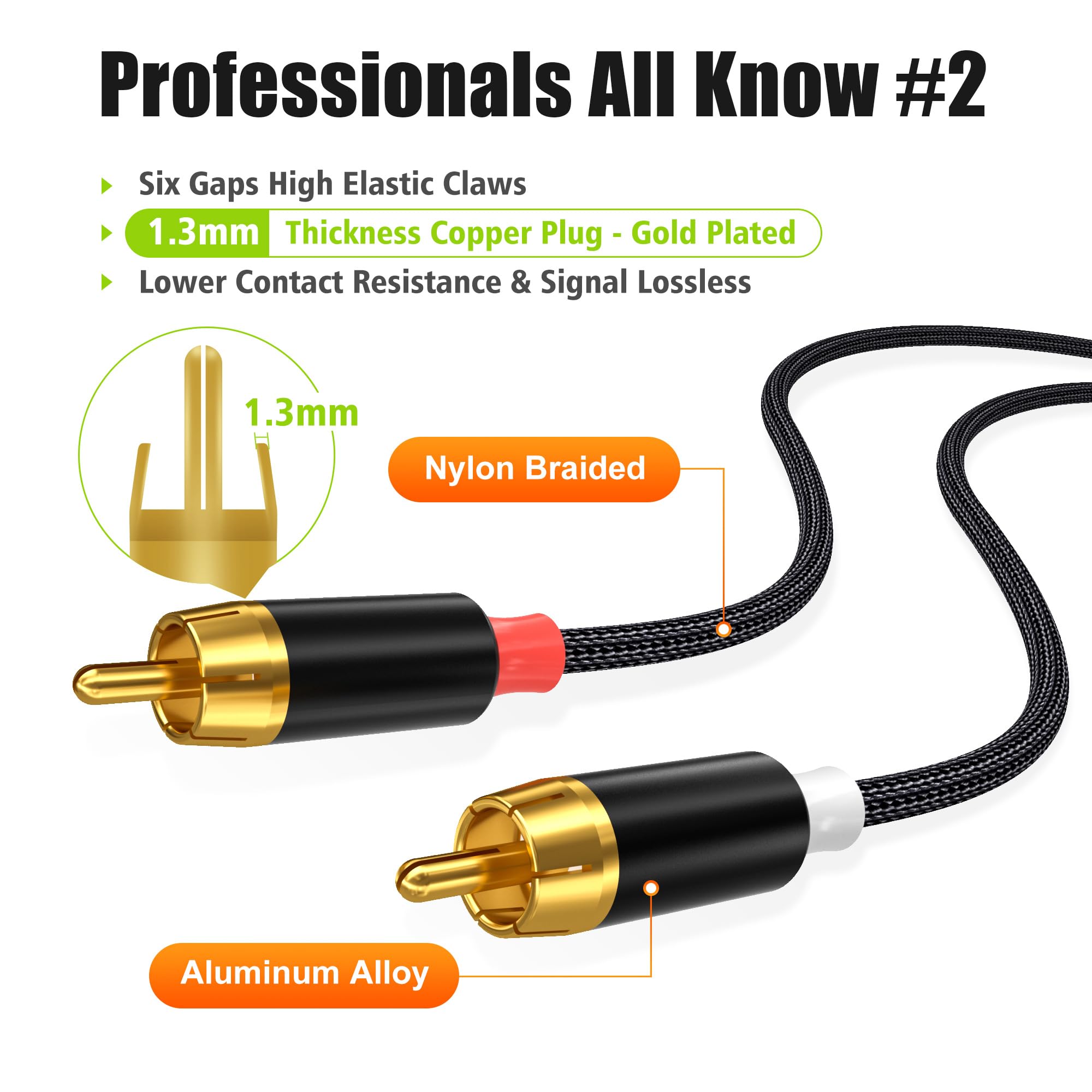 AGVEE Cavo RCA da 1,2 m, 2 RCA maschio ispessito a sei artigli cavo audio stereo ausiliario per Home Theater, amplificatore, altoparlanti attivi o subwoofer, nero