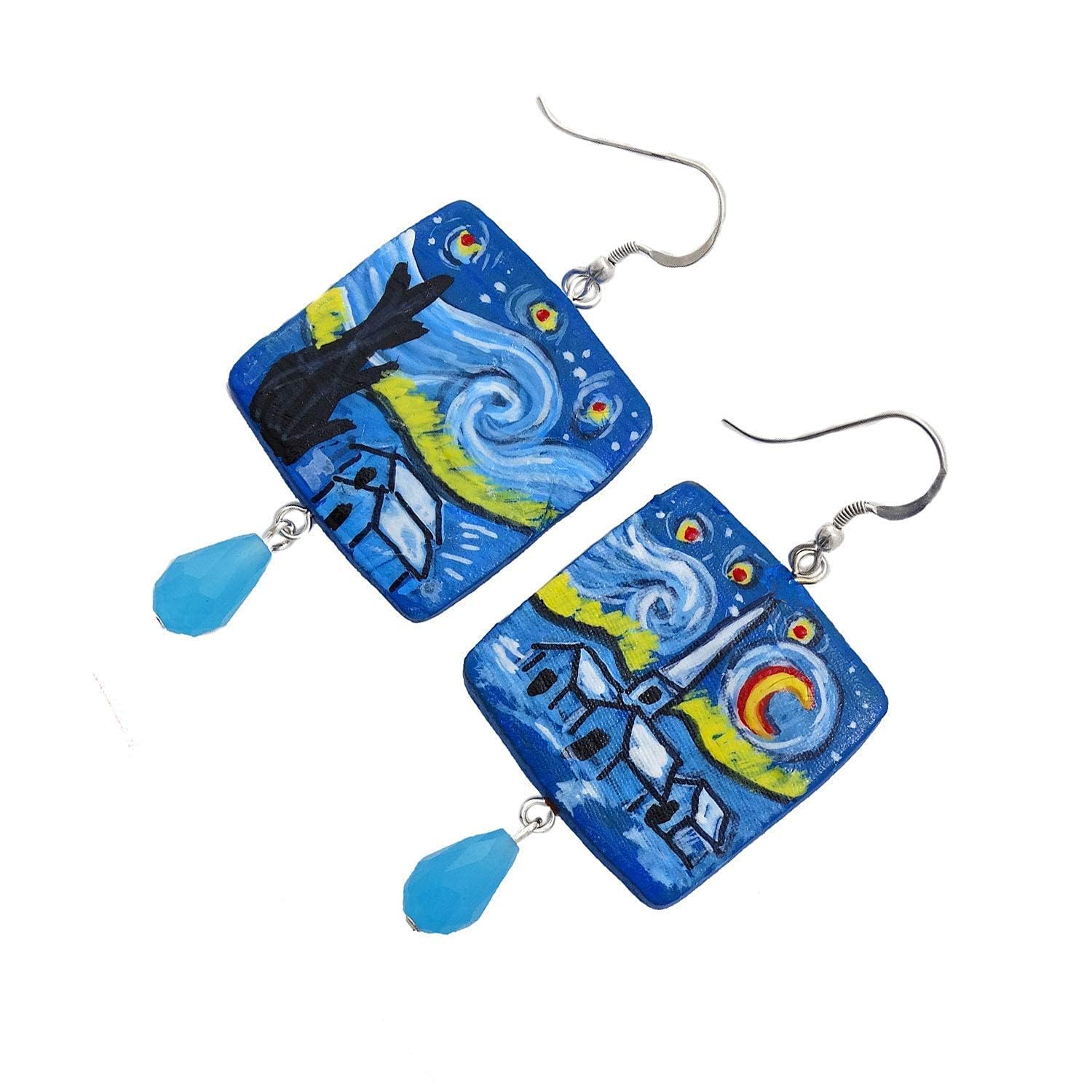 Boucles d'oreilles en céramique peintes à la main - LA NUIT ÉTOILÉE TABLEAU CÉLÈBRE - Boucles d'oreilles pendantes pour femme, Bijoux en céramique peinte, Crochet en argent, Fabriqué en Italie