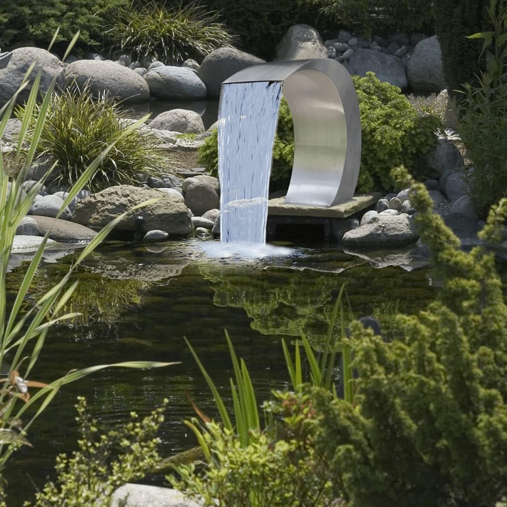 IKAYAA Fuente Cascada de Acero Inoxidable para Piscina, Fuente Jardin SPA, Fuentes de Piscina o Jardín de Plata, Diseño Curvo, Tamaño de 45x30x60 cm