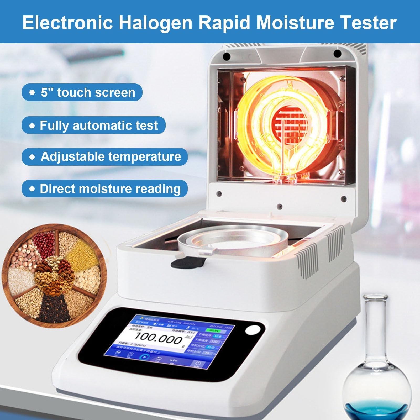 Halogen-Feuchtigkeitsanalysator mit Datenmanagement, 12,7 cm (5 Zoll) Touchscreen für Mehrbenutzer-Labore, RS232 und Audit-Trail für GLP-Compliance