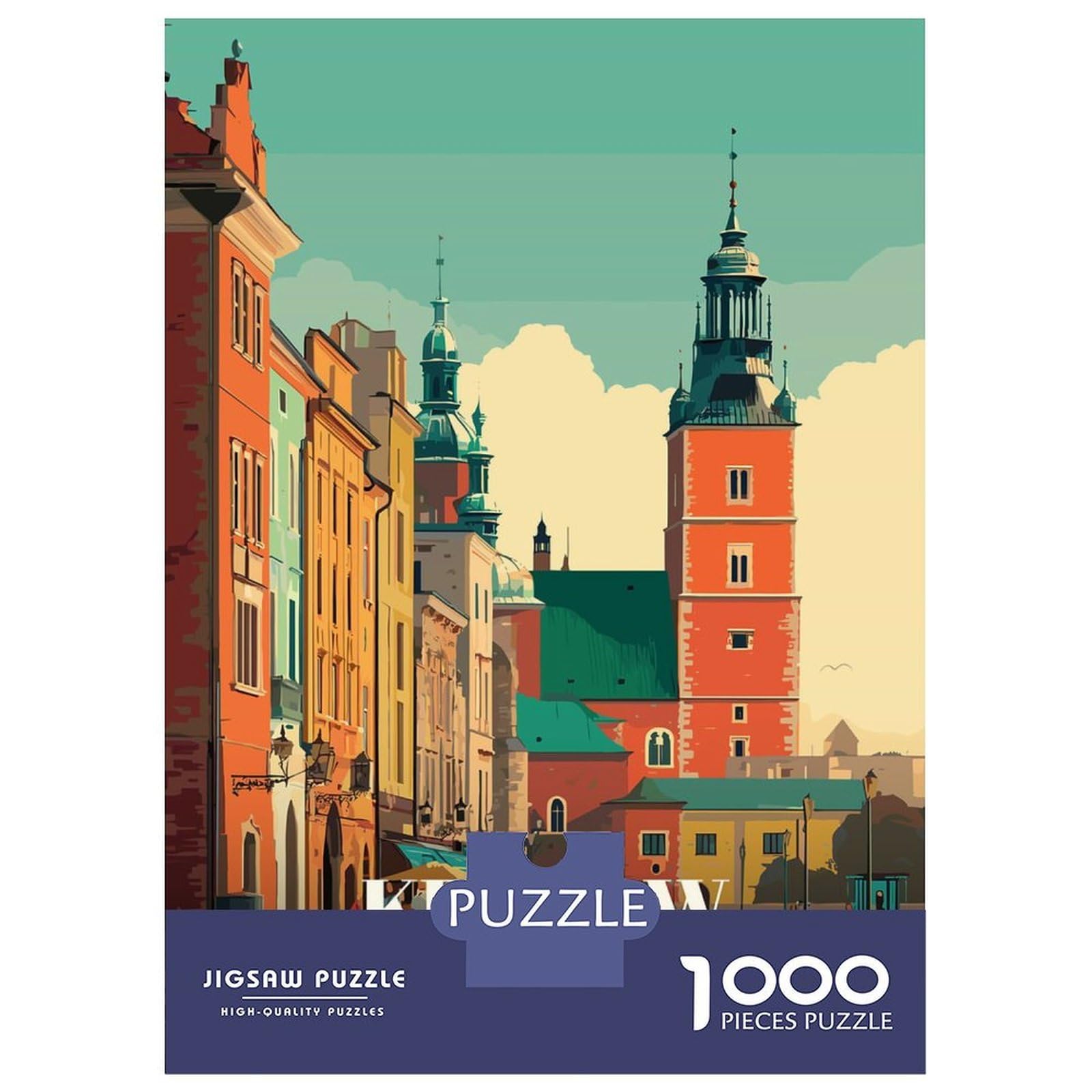 Krakow, Poland Cityscape Illustration 1000 Piece Jigsaw Puzzle, Landmark Urban View, 1000 Pieces for Adults, for Adults, Relaxing Challenge, 38x26cm/1000pcs