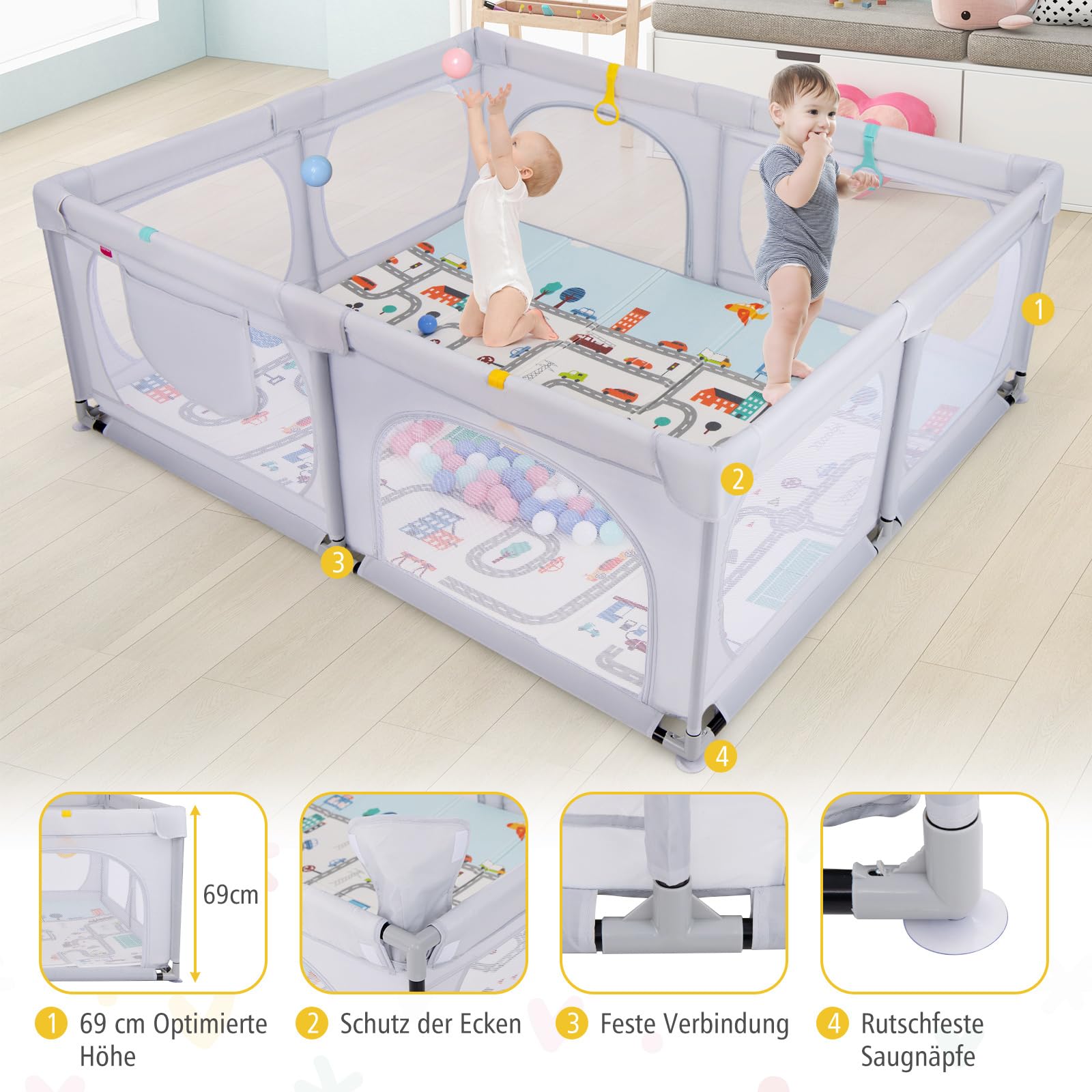 GOPLUS 189x158 cm Laufstall Baby, Laufgitter mit atmungsaktiver Netz, 4 Reißverschlusstür, Tragetasche, 50 Bällen, 4 Haltegriffen, Schutzgitter für Baby 0-3 Jahren (Mit Matratze,Hellgrau)