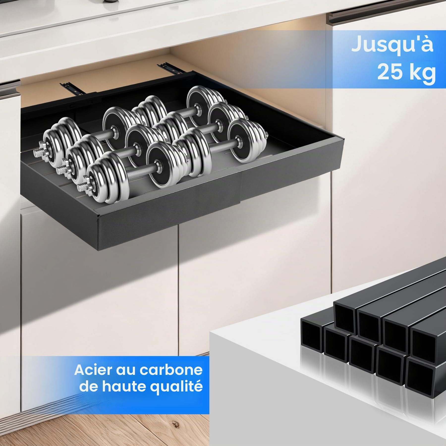 2PCS Tiroir Coulissant Cuisine Adhesif, Rangement Coulissant Placard Cuisine Avec 3 Guides Coulissants Autocollants, Sans perçage, Salle de Bain