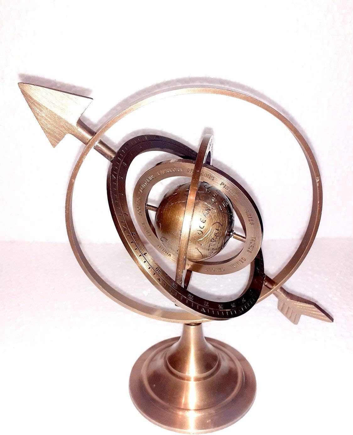 Brown Antique 8" Antique Brass Armillary Sphere with Sundial Arrow Nautical Maritime Astrolabe Engraved Astrological Star Signs Globe Home Décor Vintage Collectible Gifts