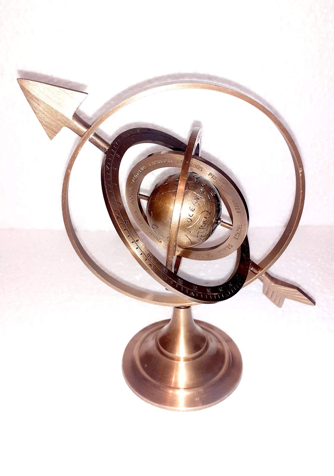 Esfera armilar de latón antiguo marrón antiguo de 8 pulgadas con flecha de reloj de sol, astrolabio marítimo náutico, grabado, astrológico, estrellas, globo, decoración del hogar,