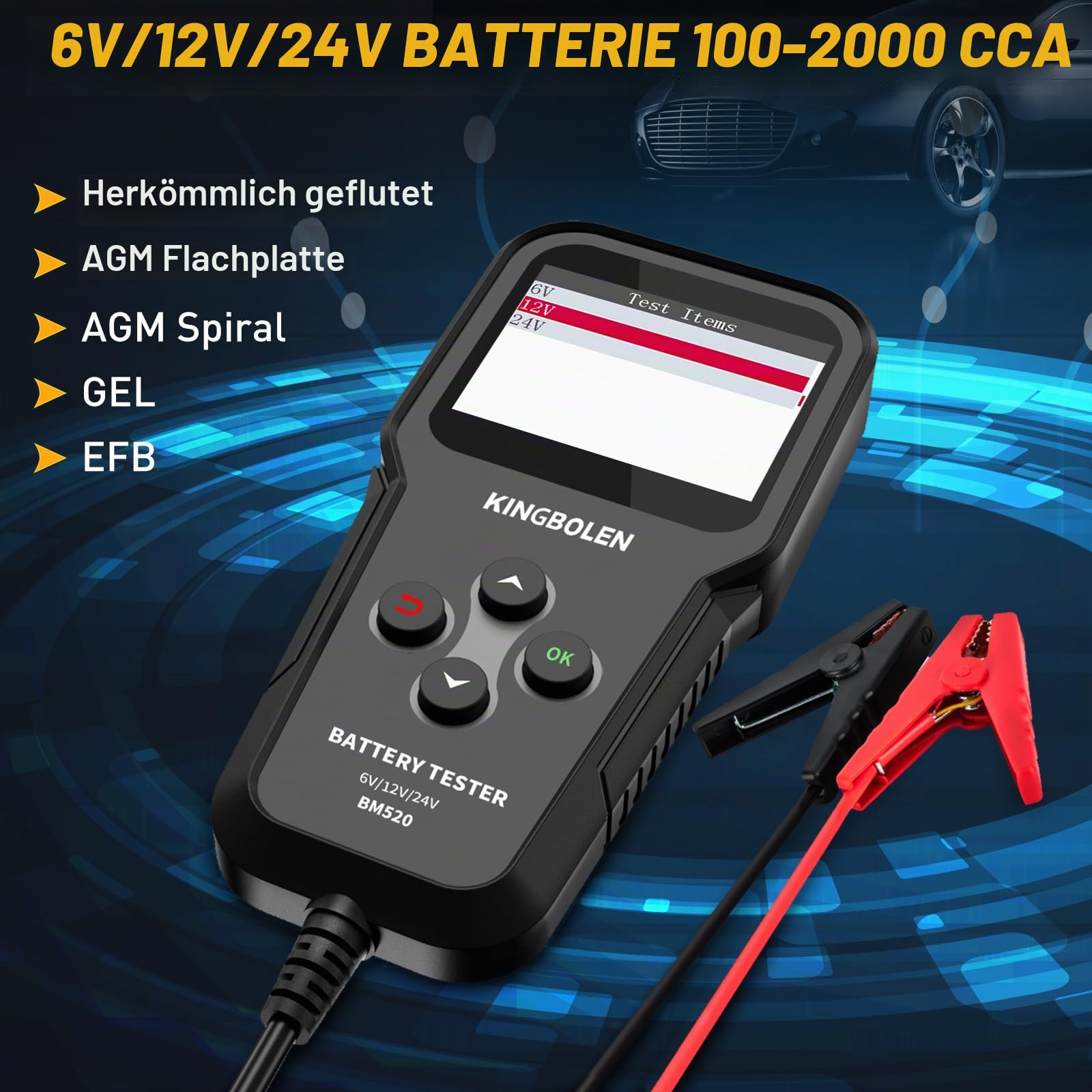 KINGBOLEN BM520 6V/12V/24V Autobatterietester, 100-2000 CCA Batterietester Kfz mit Batteriestatusprüfung Anlasstest Ladetest, Lichtmaschinen Tester für Auto Motorrad ATV SUV LKW Boot