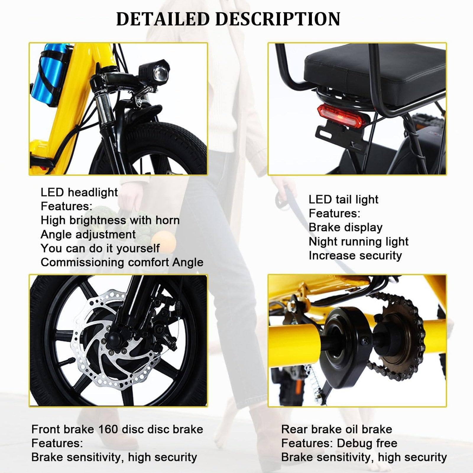Triciclo Elettrico Pieghevole Da 14 Pollici, Biposto, Con Batteria Da 48V 10Ah (Autonomia Di 45km), Doppio Freno Anteriore E Posteriore, Supporto Per Telefono Ricaricabile, Per Adulti. Yellow