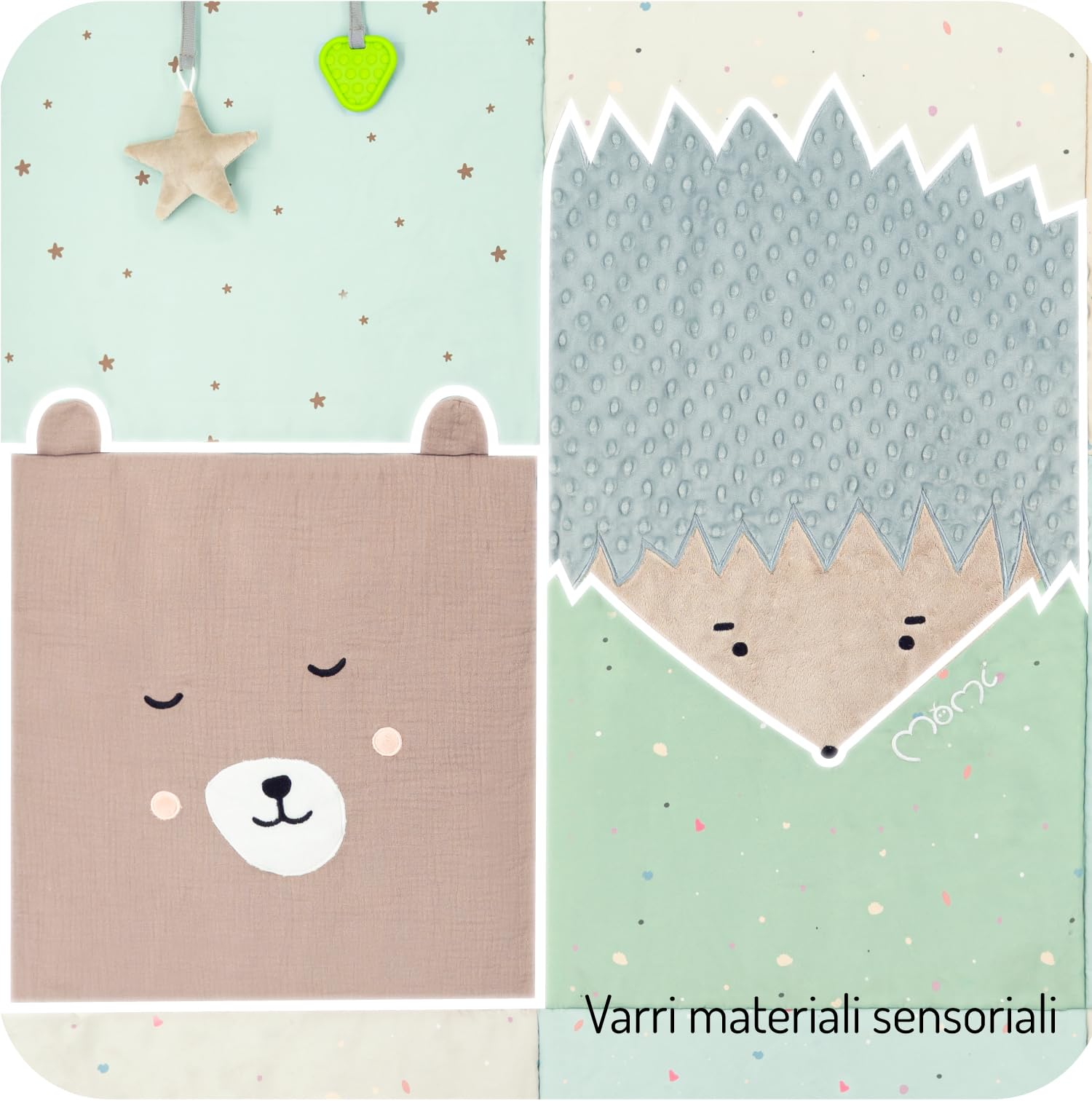 Momi VOLPI Palestrina sensoriale per neonati e bambini piccoli 120 x 160 cm, tappetino da gioco e coperta per gattonare per bambine e bambini, pieghevole a forma di borsa con maniglie per il trasporto