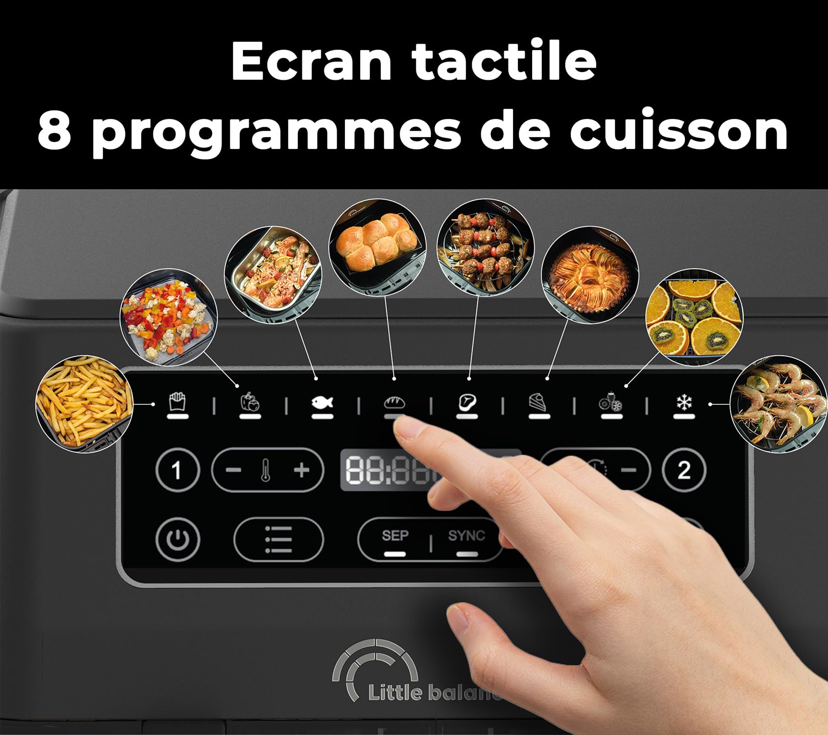 LITTLE BALANCE 8765 Crousty Light Duo, Frytkownica bezolejowa, Air Fryer, 2 szuflady, nieprzywierająca, bez PFAS, 8 predefiniowanych programów, 7,6 litra dla 6 osób, 2460 W, czarna