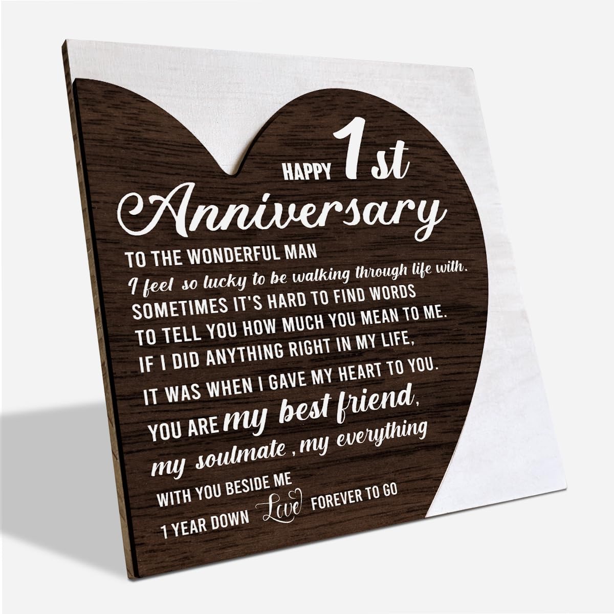 SUSZDOU Happy 1st Anniversary Heart Sign, First Anniversary Wooden Plaque for Him Husband Boyfriend, Heart Plaque Sign Decor, Romantic Gift for First Year Anniversary, Valentines Day Gift for Men