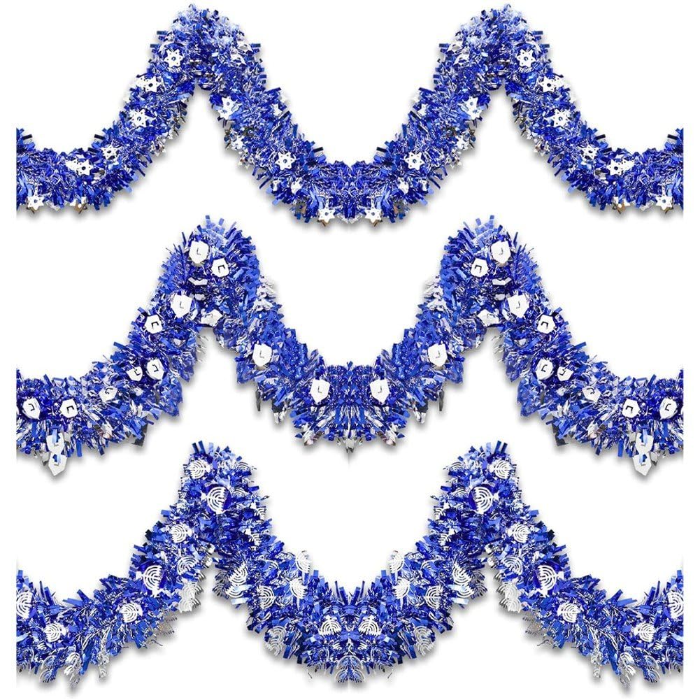 Casiler Blue Hanukkah Decorations 3 Pack Hanukkah Tinsel Garland With Menorah Star Of David Silver Ornaments Metallic Streamers Decor, Indoor Outdoor Chanukah Decorations