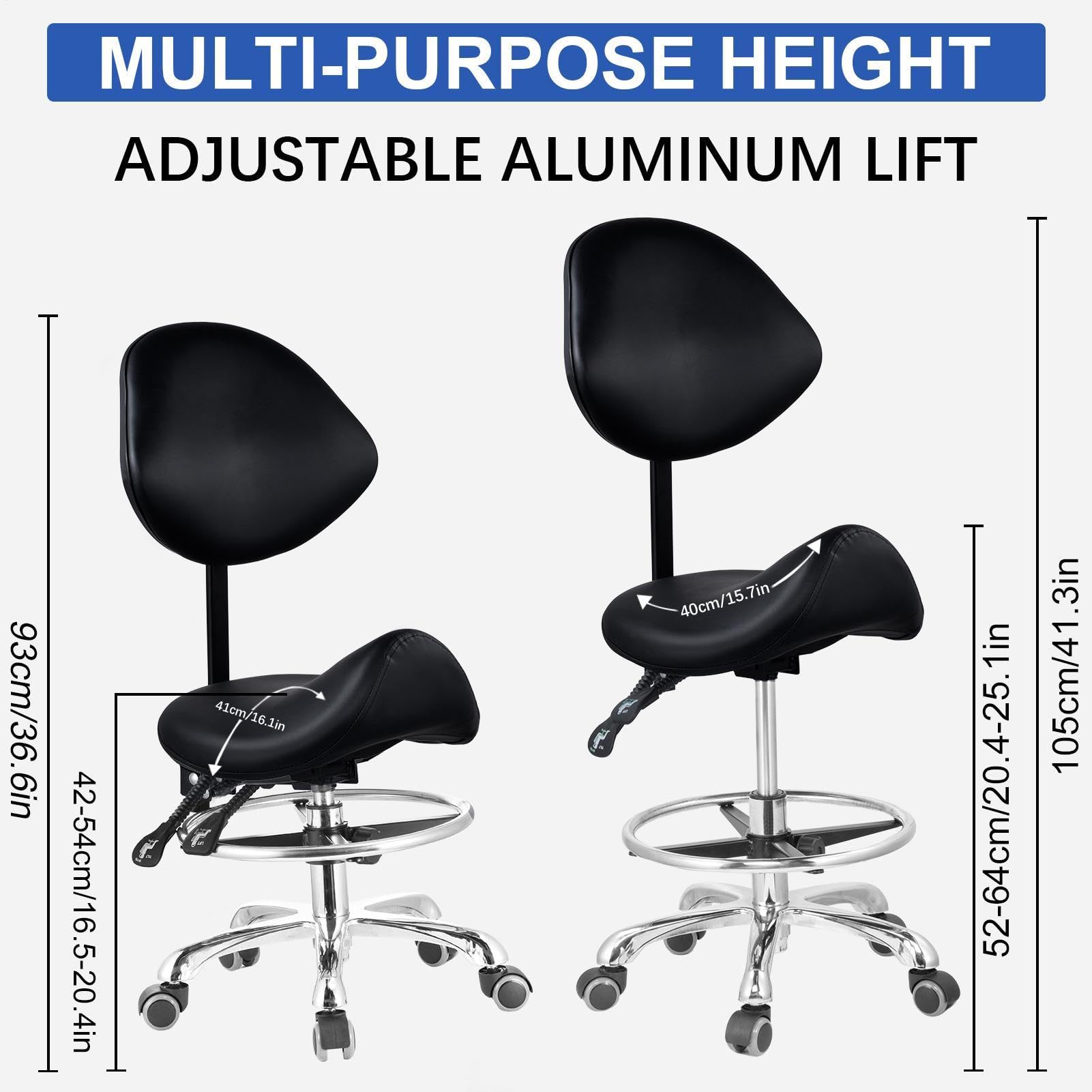 Taburete de Sillín con Respaldo Ajustable, Giratorio, Hidráulico, de | Silla Ergonómica Tipo Sillín Con Reposapiés Para Spas, Salones De Belleza, Masajes, Clínicas Y Oficina En