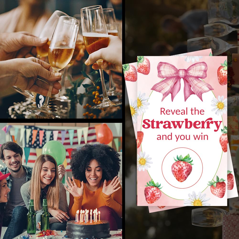 Haizct Zestaw 50 szt. zdrapek z motywem truskawki, zdrapka do dekoracji na baby shower truskawkowy