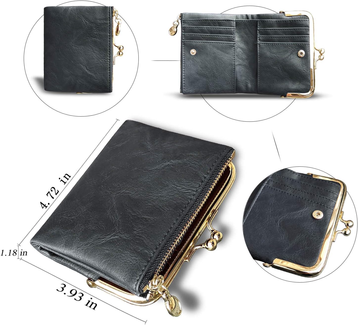 PofeeXIO Womens Wallet RFID Small Compact Bifold Leather Vintage Wallet,Ladies Coin Purse with Zipper and Kiss Lock
