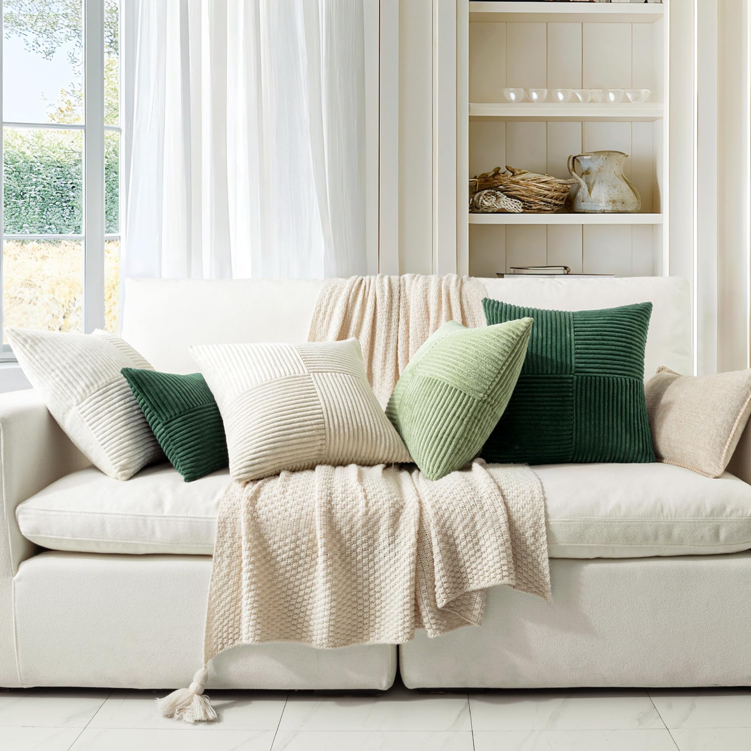 JULIYEH Set di 2 federe per cuscino in velluto, 60 x 60 cm, decorazione per divano, cuscino decorativo in velluto, tinta unita, con motivo geometrico, per divano, ufficio, colore verde