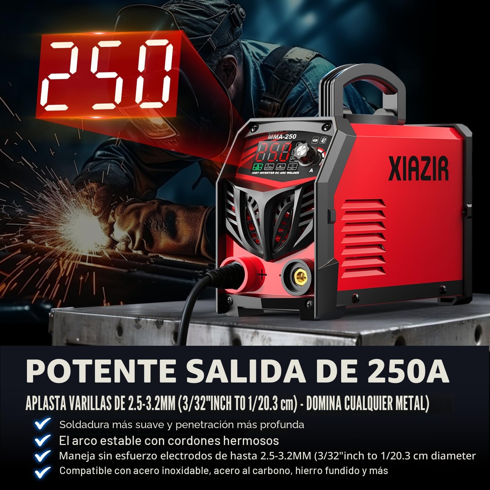 Soldador ARC 250A 220V con pantalla LED, soldadora portátil IGBT con Hot Start, Arc Force & Anti-Stick, kit completo para bricolaje, taller y granja