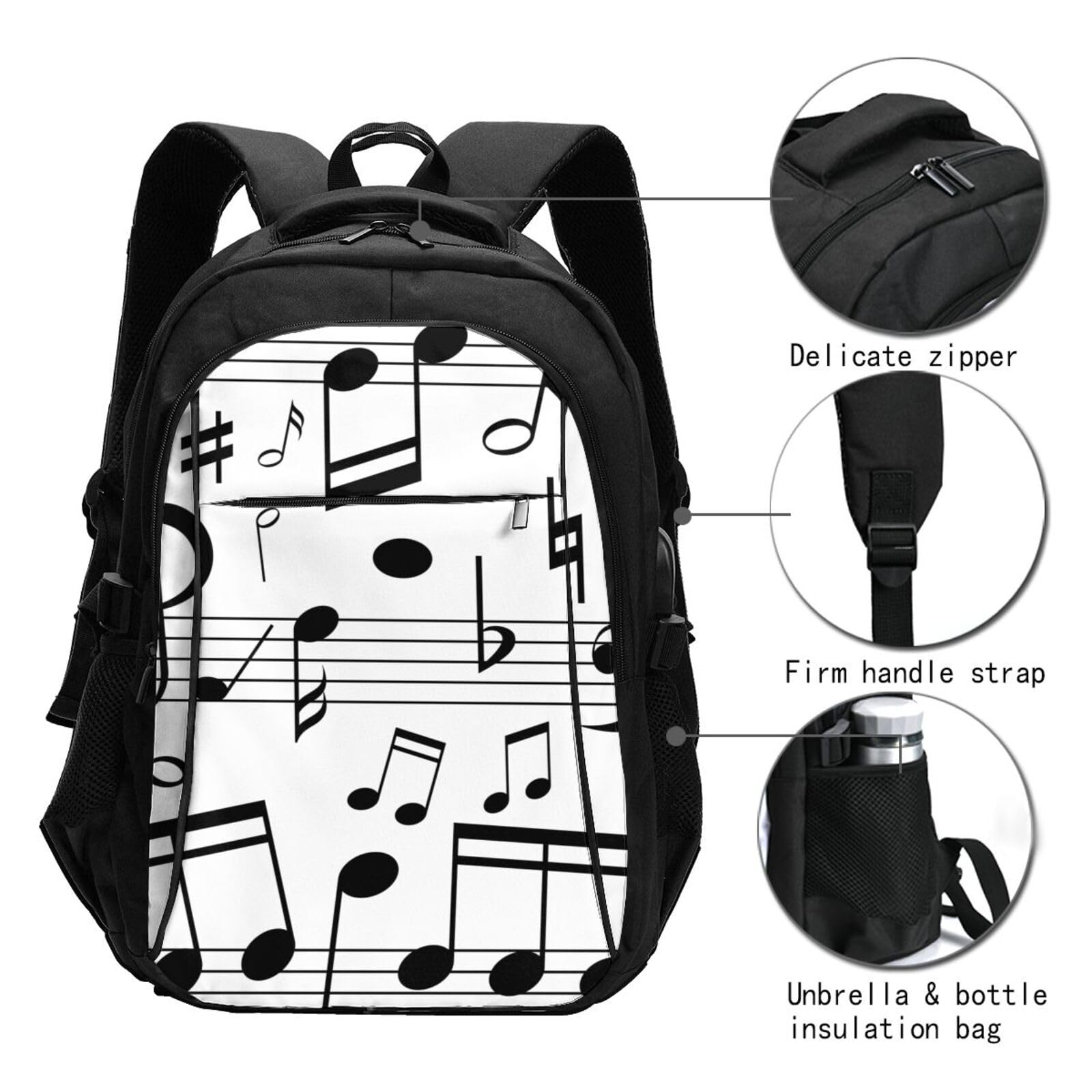 InOmak Schwarze Musik Noten Skalen, Reiserucksack, Freizeitrucksack, Schulrucksack, Laptop-Rucksack für Damen und Herren