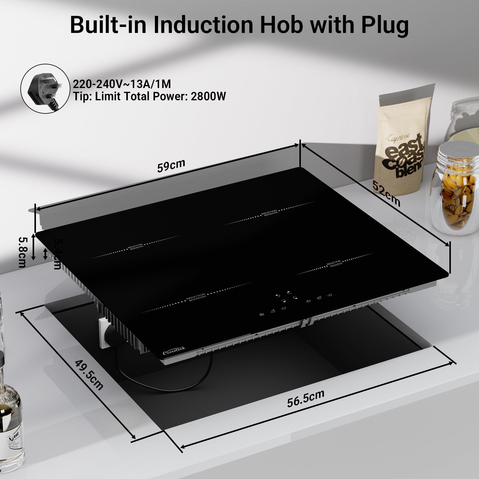 COVERCOOK Plug in Induction Hob 13 Amp 2800W, 4 Zones Plug in Electric Hob 60cm, Induction Hob Touch Control with Timer, Child Safety Lock, Keep Warm, Pause Function, Boost, Black — view 2