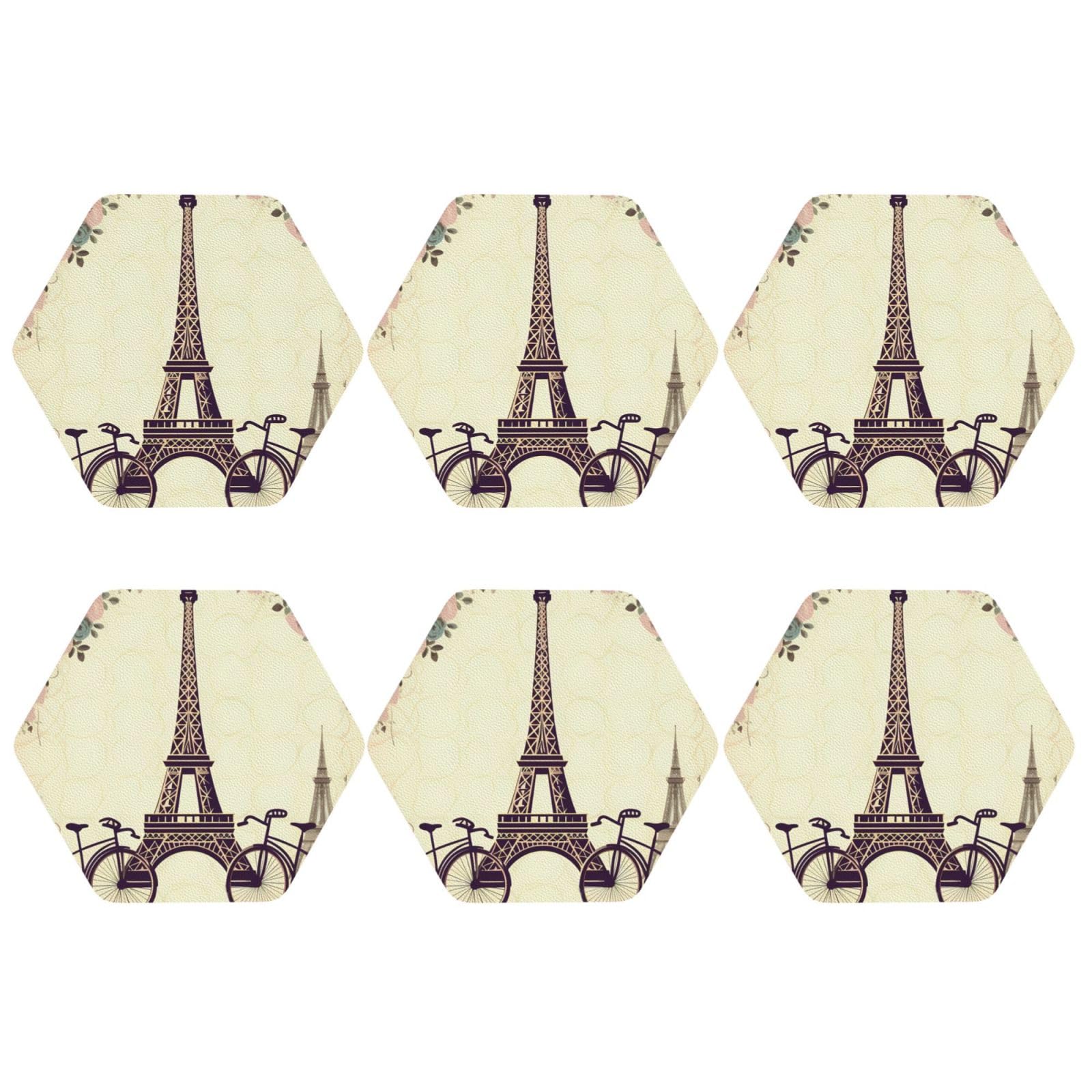 6pcs Leather Coasters for Drinks, Eiffel Tower Bicycle Drink Coasters for Tabletop Protection, 4" Cup Coasters for Coffee Table Decor, Non-Slip Drinking Cup Mat for Hot Or Cold Drink