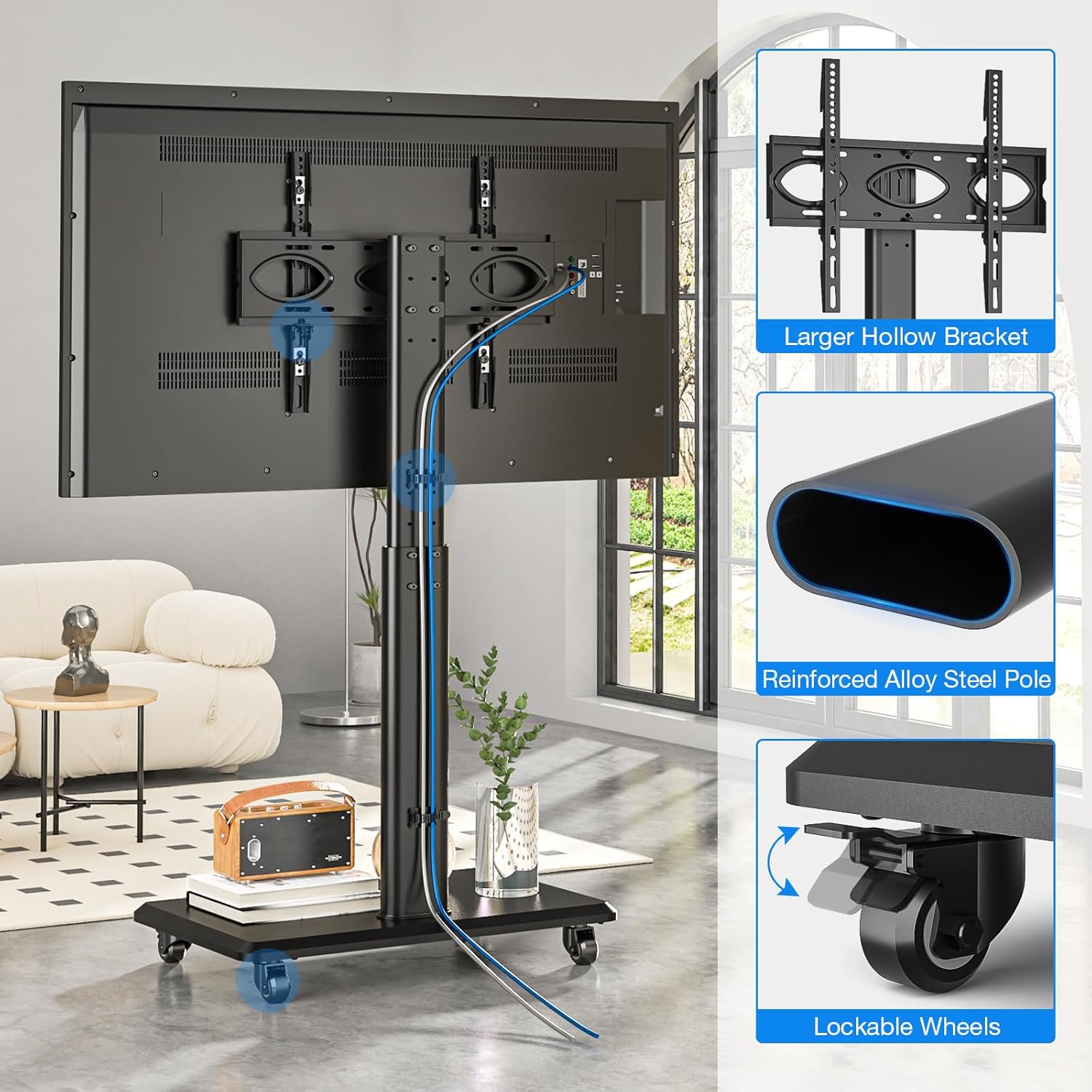 Rfiver Rolling TV Stand for 32 to 70 Inch TVs, Modern Corner TV Stand with Upgraded Wheels, 9 Levels of Height & ±30° Swivel Adjustable Mobile TV Mount Stand for Bedroom, Corner, Small Dorm, Black