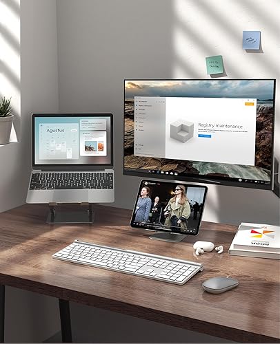 Miniatura 8 de CHESONA Combo de teclado y mouse inalámbricos, recargable inalámbrico de tamaño completo, multidispositivo (BT 5.0+3.0+2.4G) Combo de teclado y