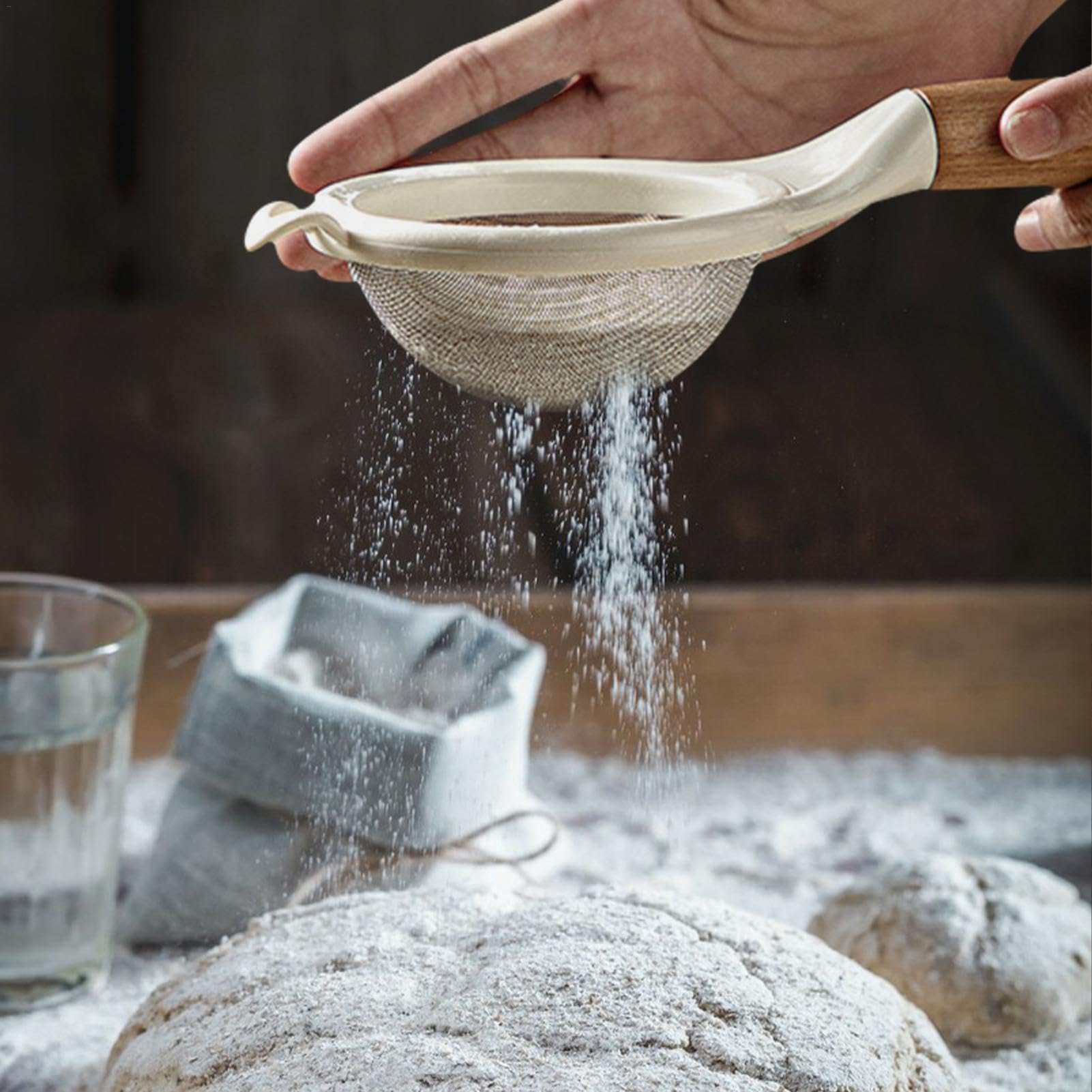 MRKU Colino a Maglie Fini per Alimenti da Cucina, setaccio per Farina in Acciaio Inossidabile, antiruggine con Manico in Legno