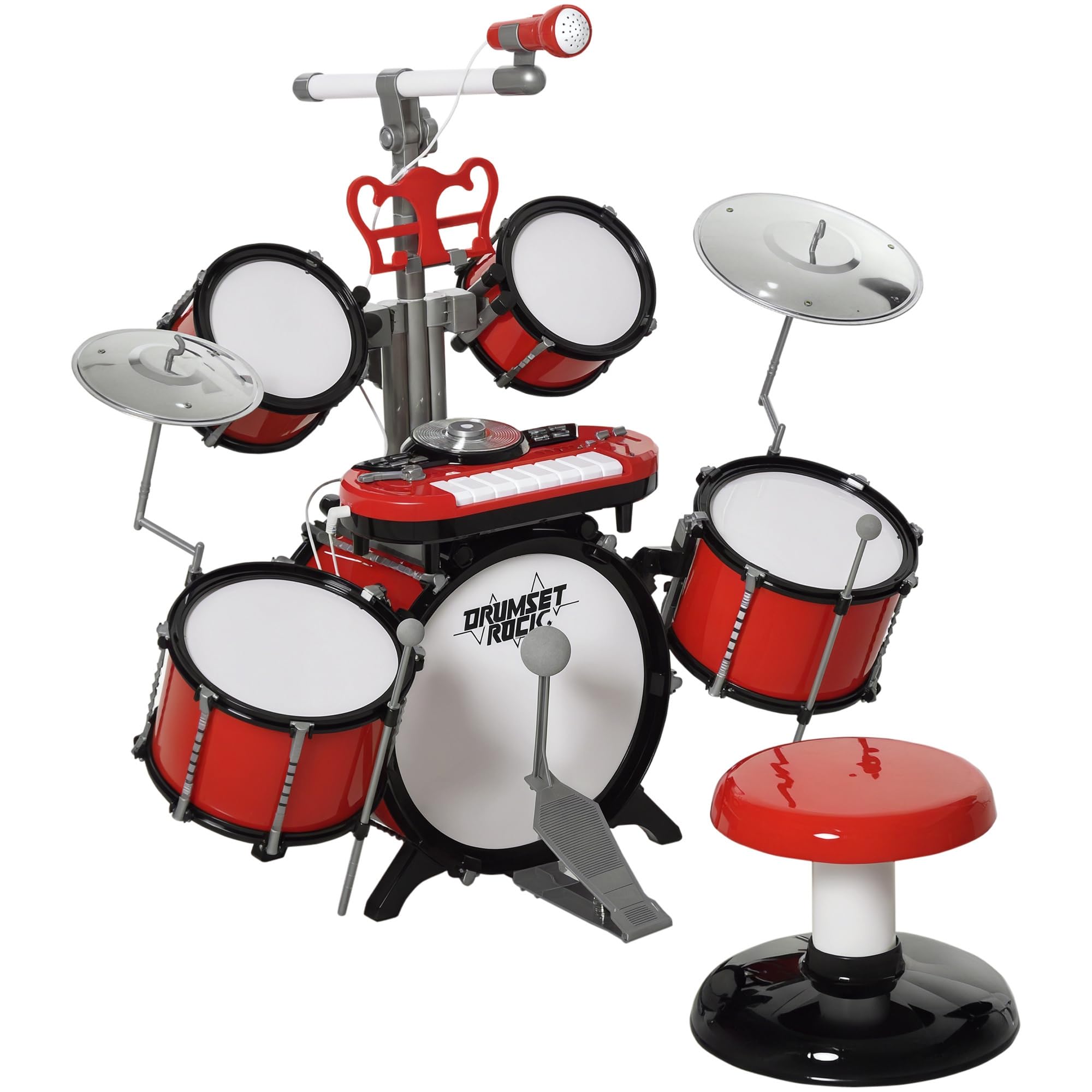 HOMCOM Set Batteria per Bambini con Strumenti Musicali, Batteria Jazz con 5 Tamburi e Sgabello, Giocattolo Musicale Educativo per Bambini, Effetti Sonori e Microfono Giocattolo, 77.5x40x76.5cm, Rosso
