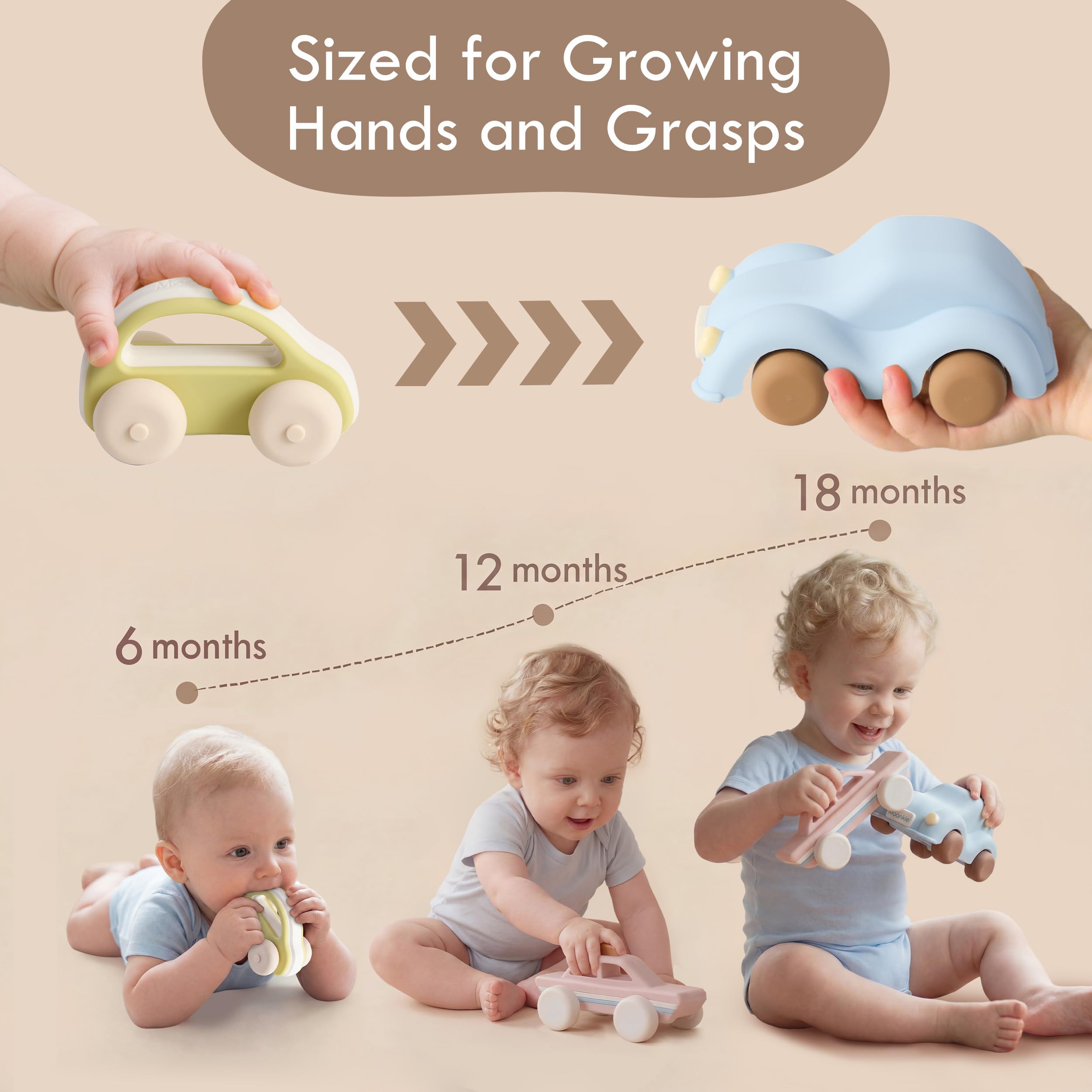Moonkie Roll & Go Auto Spielzeug Set, 3er Pack, Silikon Spielzeugautos, Beißring Baby, Kinderspielzeug Geschenke Junge&Mädchen 6 Monate + 1 2 3 Jahre, BPA-frei, Sensorik Spielzeug, für Kita& Reise