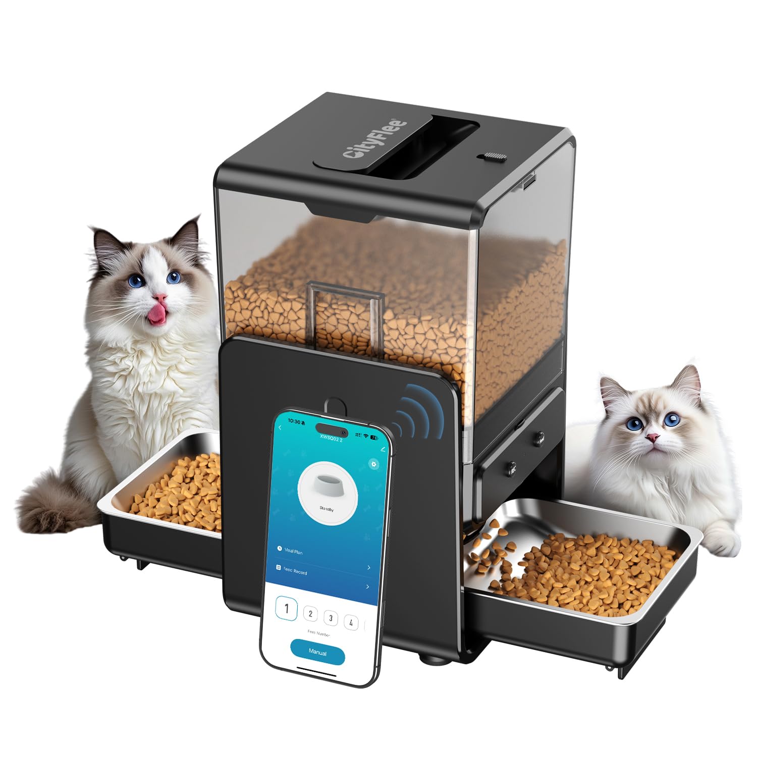 CityFlee Automatic Cat Feeder with 5G WiFi for 2 Cats, Adjustable Height for Small Pets, Dual Bowls, 20 Cups/5L Dry Food Auto Pet Dispenser, Voice Record, Timed Cat Feeder with APP Control