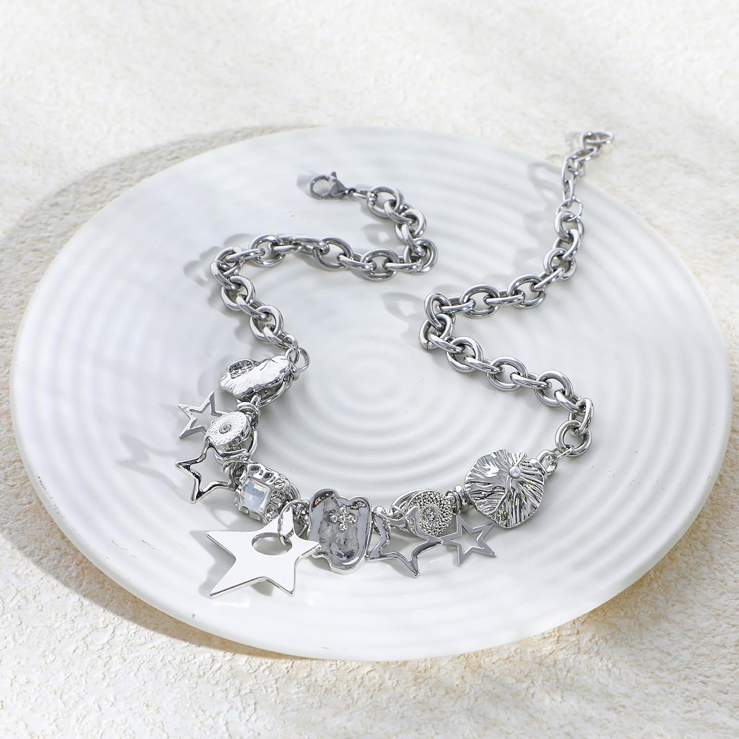 Silver Star Chunky Necklace, Star Necklace Choker Charm for Women Party Rave Accessories Grunge Punk Trendy - Image 3