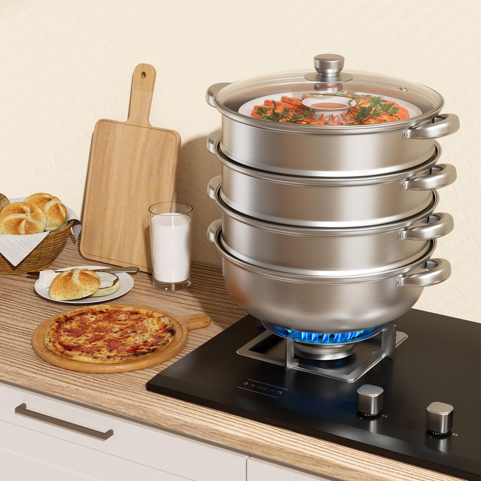 Cuiseur vapeur pour la cuisson – Cuiseur vapeur en acier inoxydable de 28 cm avec insert vapeur, batterie de cuisine 3/4/5 étages avec couvercle pour cuire des légumes, des fruits de mer, des soupes