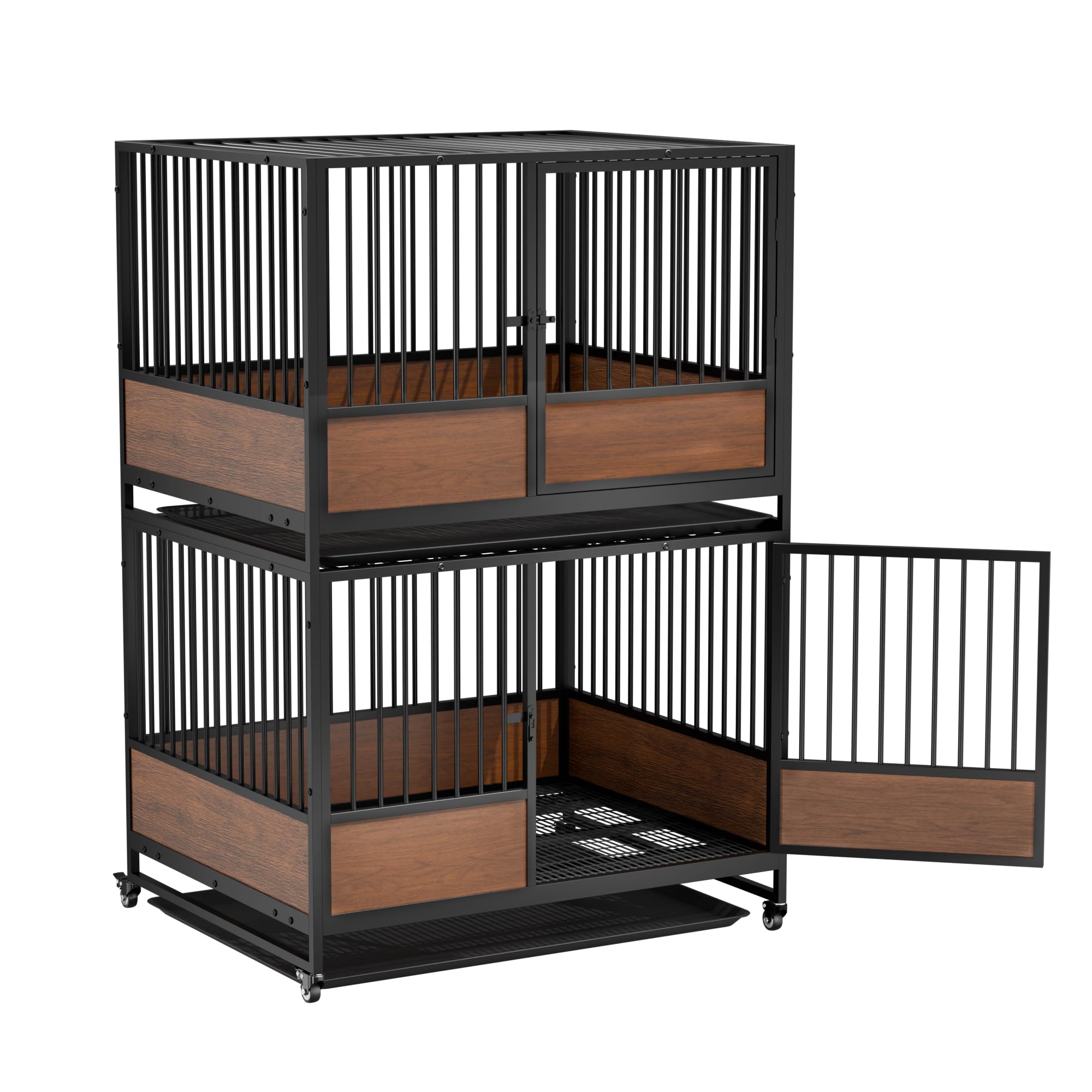 BingoPaw Stackable Metal Cat Cage: Double Layer Rolling Cat Cage on Wheels Pet Kennel with Ventilated Base Plate, Heavy Duty Cat Kittens Whelping Crate for Breeding, Cat Boarding, Pet Shops