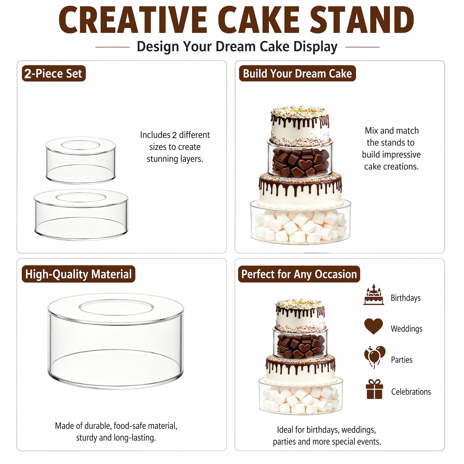 Alzata per torte riempibile a 3 ripiani in acrilico con decorazione a LED, tavolo da dessert rotondo trasparente e rialzo cilindrico, 3 alzate per torte fai da te, per compleanni, matrimoni e feste (2
