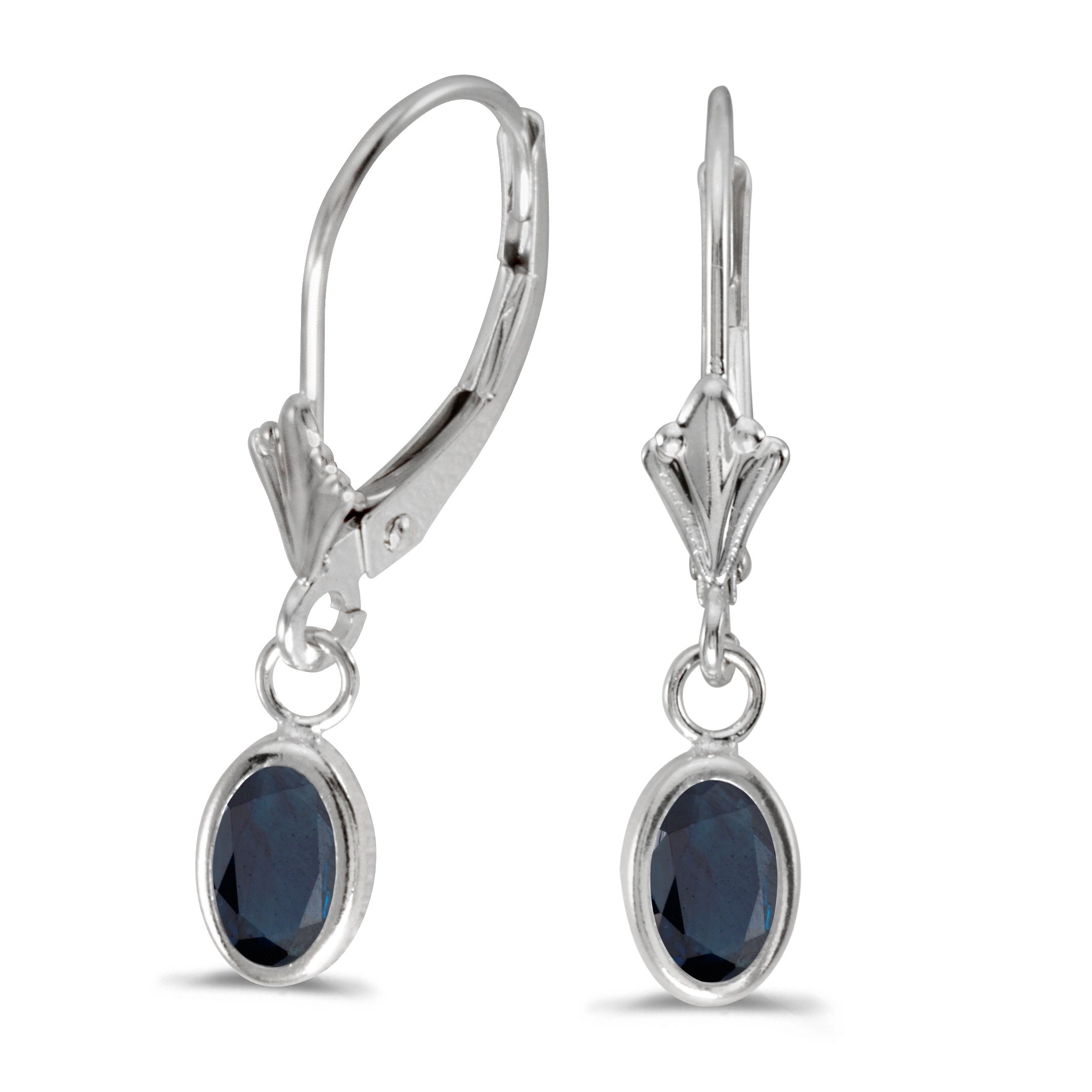 14k White Gold Oval 6x4 mm Sapphire Bezel Lever-back Earrings