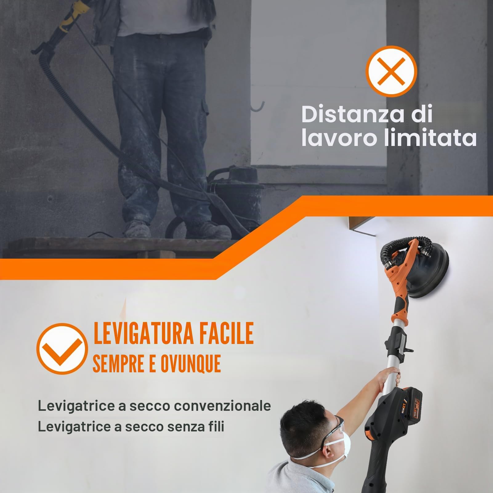 Levigatrice per muro MAXXT 20V senza spazzole: Velocità regolabile continua (600-1200 RPM), Pieghevole (estensibile 110-165 cm), Disco da 225 mm,Per pareti e soffitti, Sistema auto-aspirante
