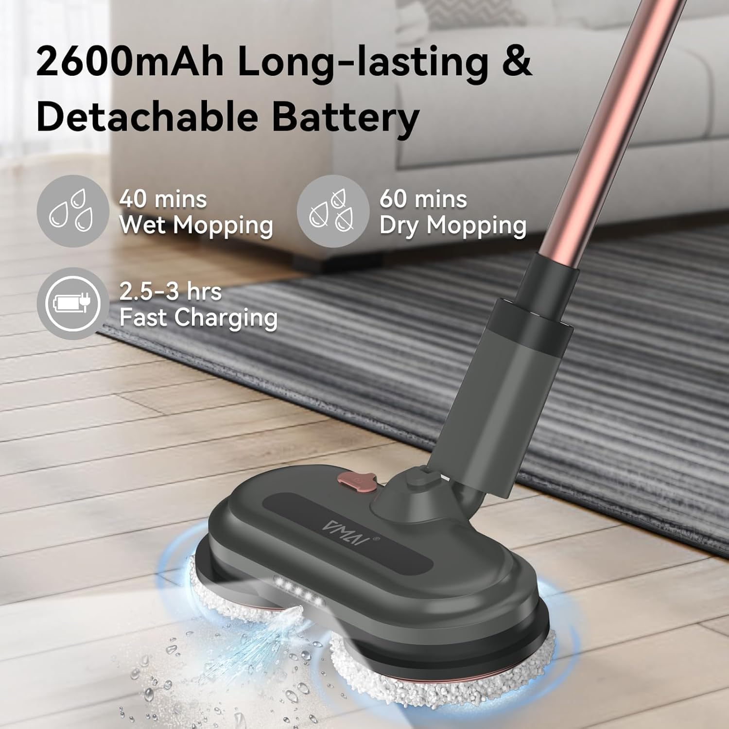 Mopa eléctrica inalámbrica, limpiador eléctrico de pisos con pulverizador de agua y faros LED, hasta 60 minutos de duración, potente fregona giratoria con tubo extensible, autopropulsada, solución de