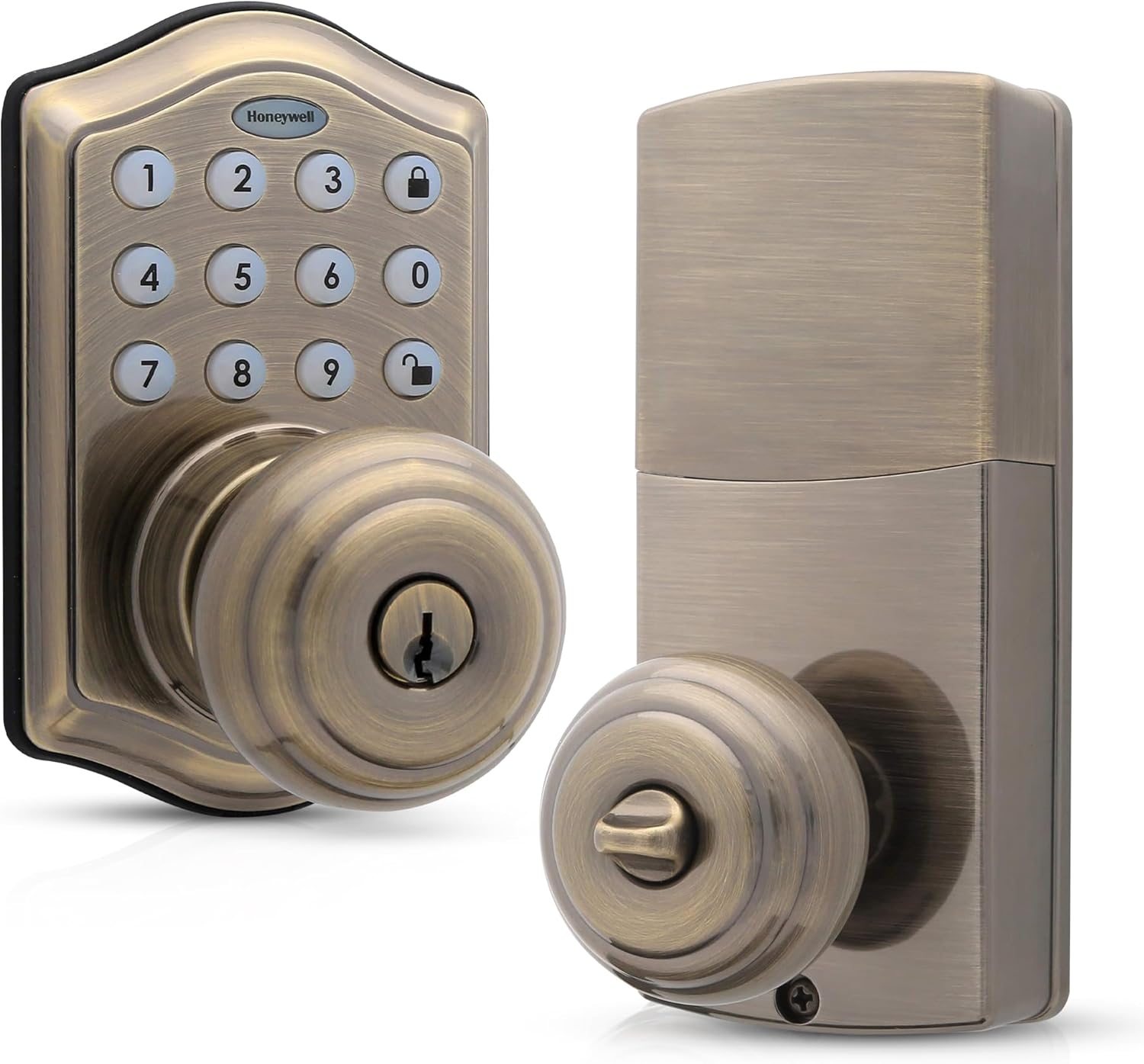 Honeywell Safes & Door Locks – Keyless Entry Smart Electronic Door Knob Lock with Digital Keypad – Auto Lock – 50 Different User Pin Codes – 1 Touch Locking – Antique Brass – 6.5×8.8×9 in – 8732101