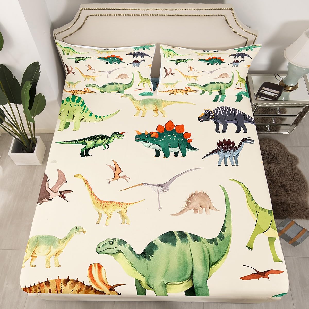 Loussiesd Dinosaurier Spannbettlaken 90x200cm Für Kinder Jungen Teens Dschungel Dino Spannbetttuch Wild Tier Bettlaken Set 3D Digital Drucken Zimmer Dekor Bettlaken mit 1 Kissenbezug