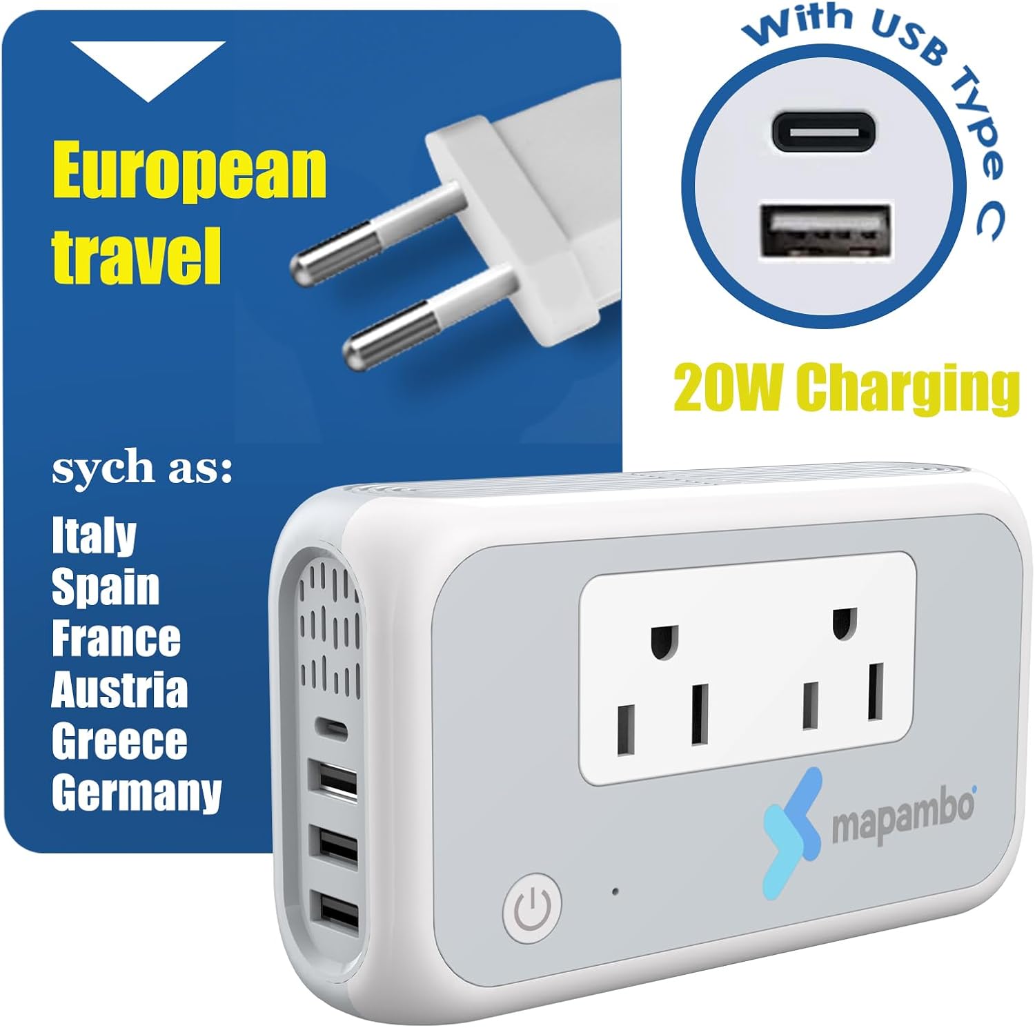 Mapambo 220V to 110V Converter, Voltage Converter US to Europe for Curling Irons and Hair Straighteners, Power Converter Adapter Combo (Type A/G)