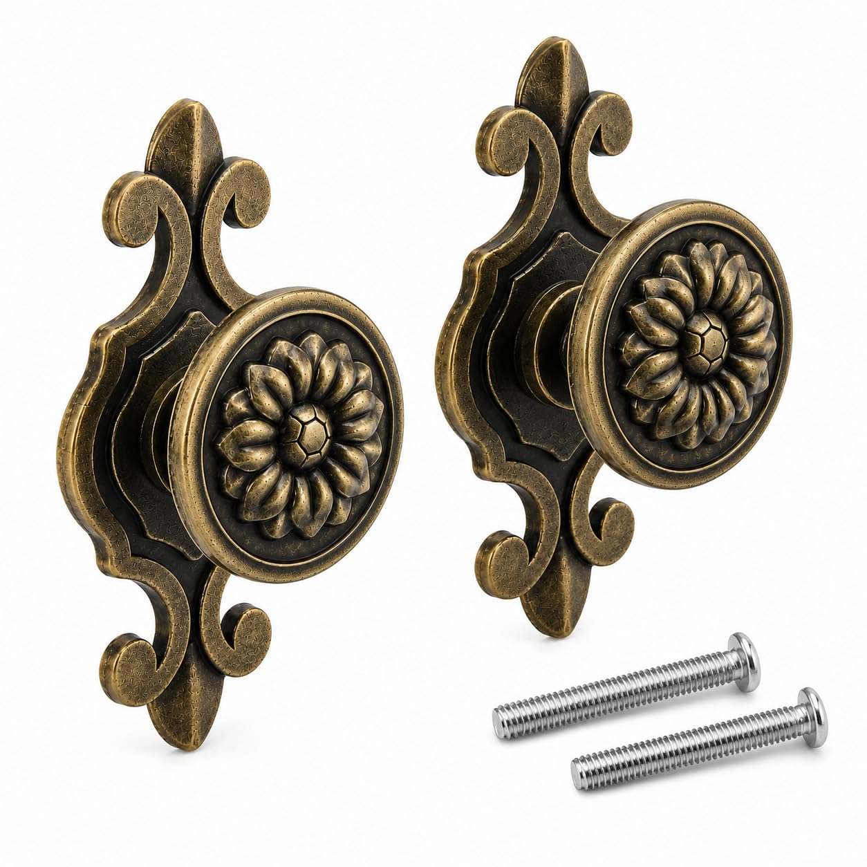 QZKJQDD Cupboard Door Knobs, 2 x Antique Brass Cupboard Handles with Plates
