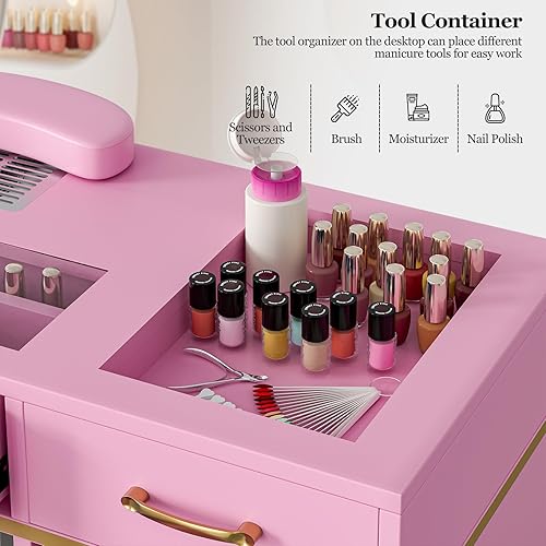 Miniatura 8 de Paddie Estación de mesa de manicura, escritorio de manicura de belleza de uñas para tecnología de uñas con ventilación eléctrica descendente,