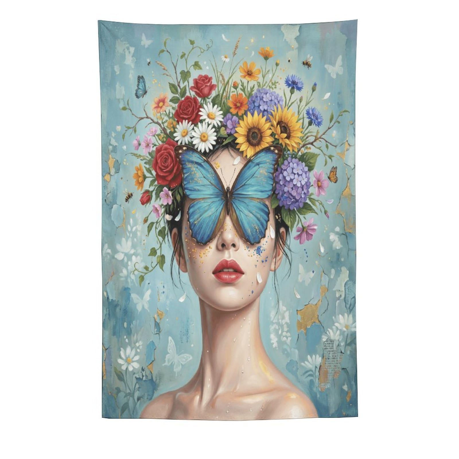 W7C8U2X3 Blue Butterfly Woman Floral Wall Tapestry, Oil Painting