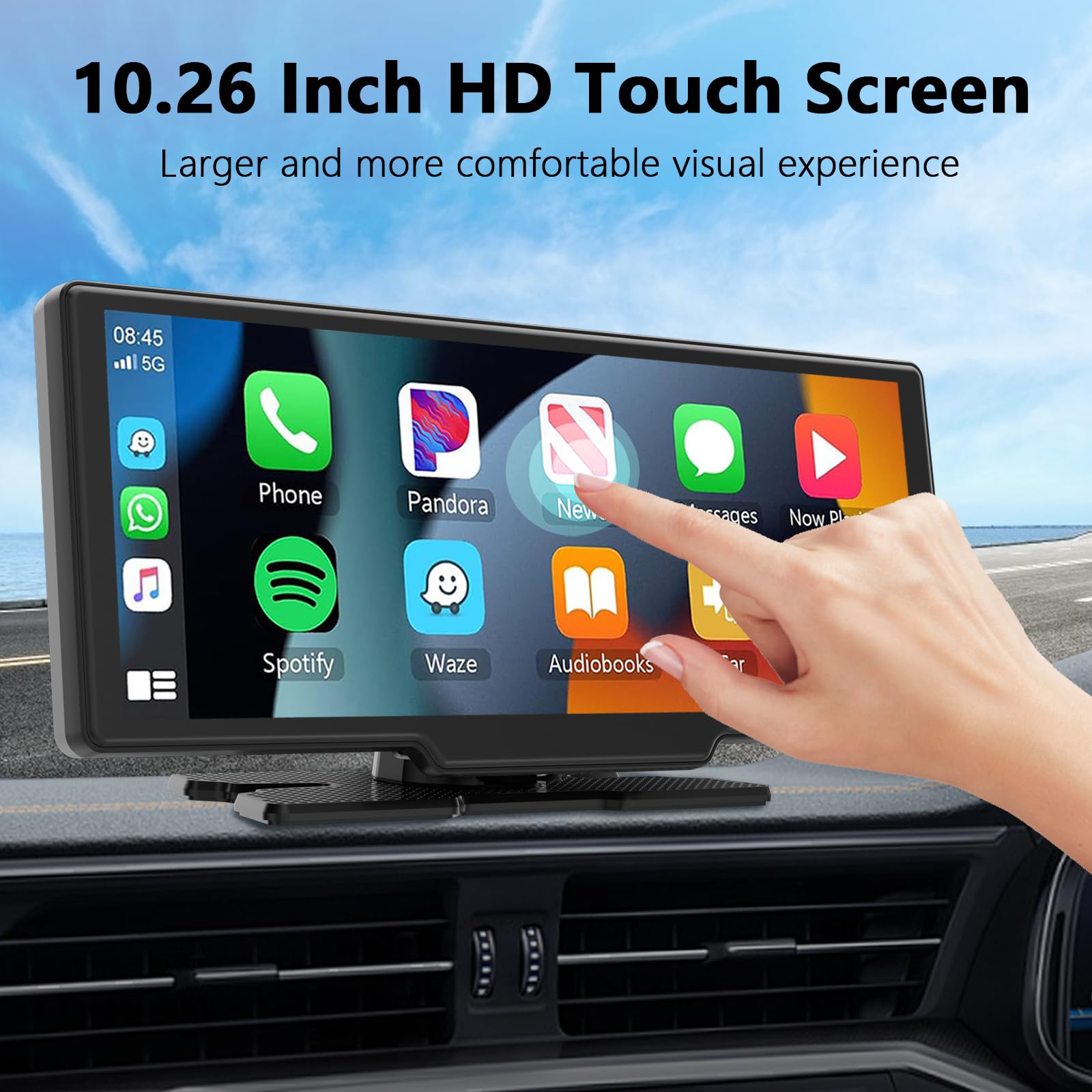 10,26 Calowy Przenośny Ekran z Bezprzewodowym CarPlay i Android Auto, Radio Samochodowe z 4K Dashcam Przednią I Tylną Kamerą 1080P HD/Bluetooth/FM/AUX/64G TF/Mirror Link/Voice Control/GPS
